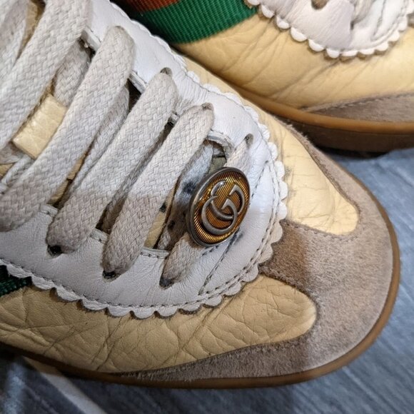 Gucci | Women's Yellow Leather Sneakers With Web G74 - Picture 12 of 16